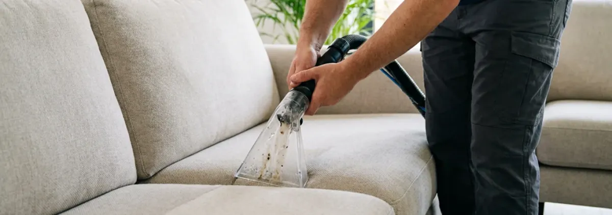 Technician extracting dirt and moisture from a fabric sofa with an upholstery cleaning wand, Chula Vista, CA.